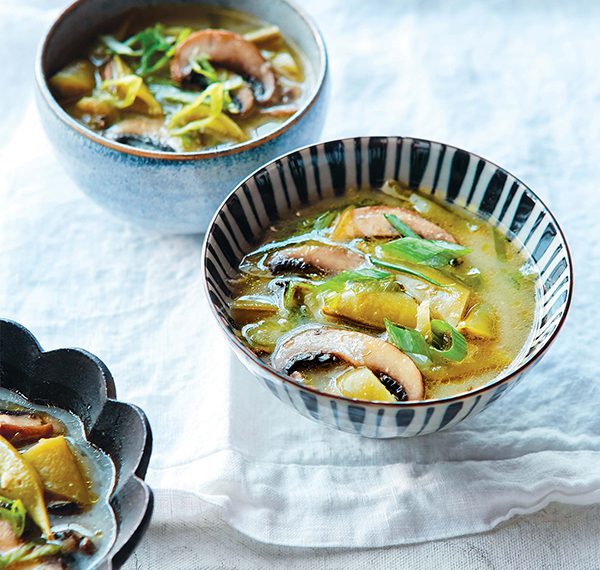 Miso Soup with Shiitakes and Snap Peas